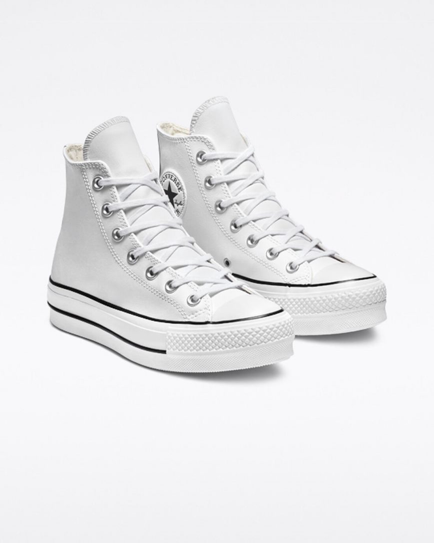 Dámské Boty Na Platformy Converse Chuck Taylor All Star Lift Læder Vysoké Bílé Černé Bílé | CZ YEW3189